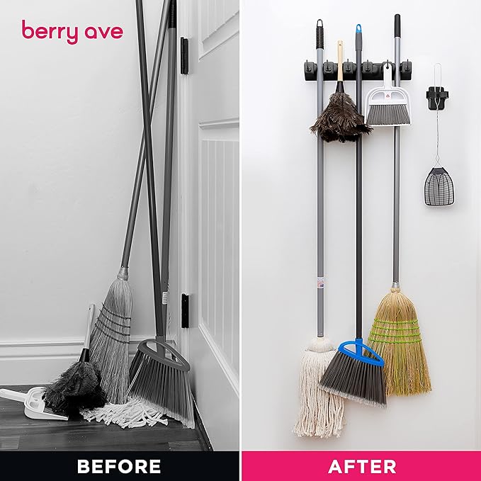 Combo 5 Slot Broom Holder w/ 1 Self Adhesive Mop Gripper No-Drilling, Wall Mount Tool Organizers For Kitchen, Garage, Laundry Room- Anti-Slip Hanger For Brooms, Mops, Rakes, Dustpans (Black/Black)