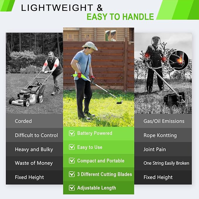 GardenJoy Weed Wacker Battery Operated: 12V Cordless Grass Trimmer with 2.0Ah Battery, Fast Charger and 3 Types Cutting Blade, Portable Electric Lawn Trimmer for Garden Yard Weeding Work