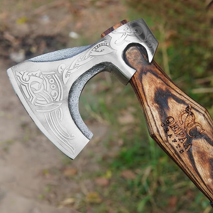 19" Custom Gift Hand Forged Viking Axe- Carbon Steel Camping Axe with Rose Wood Shaft - Viking Gifts for Men, Bearded Camping Axe (VALHALA 19)