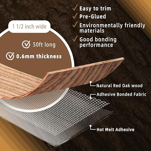 GSCIT Club Red Oak Edge Banding, 1 1/2 inch x 50ft roll of Veneer Edge Banding Preglued Flexible, Real Wood Tape Banding