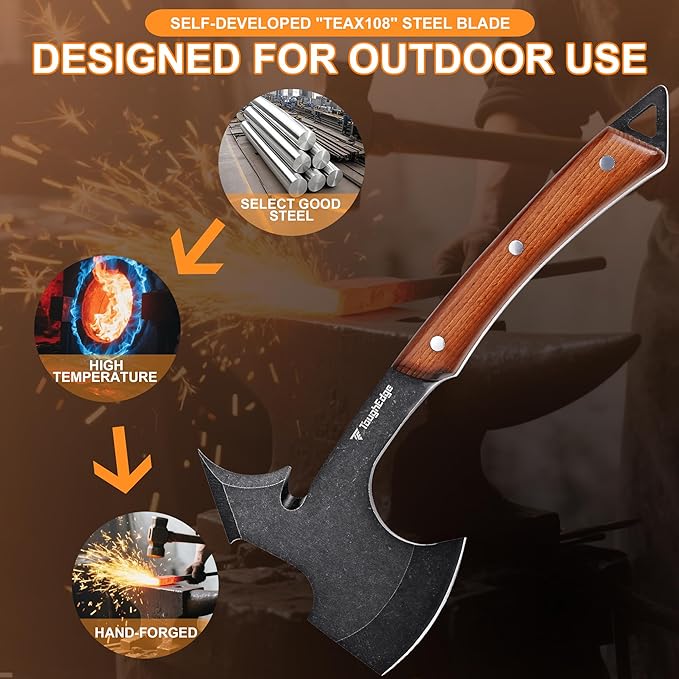 ToughEdgeTactical Tomahawk Axe Hatchet with Leather Sheath & Gift Box - Multi Functional Camping & Survival Outdoor Tool Gadgets