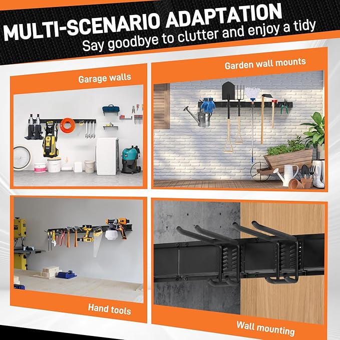 48" Garage Tool Organizer Wall Mount - 440lbs Heavy Duty Metal Rack with Adjustable Hooks, Anti-Rust Shed Storage for Shovels/Rakes/Brooms/Mowers, Efficient Garage & Garden Organization