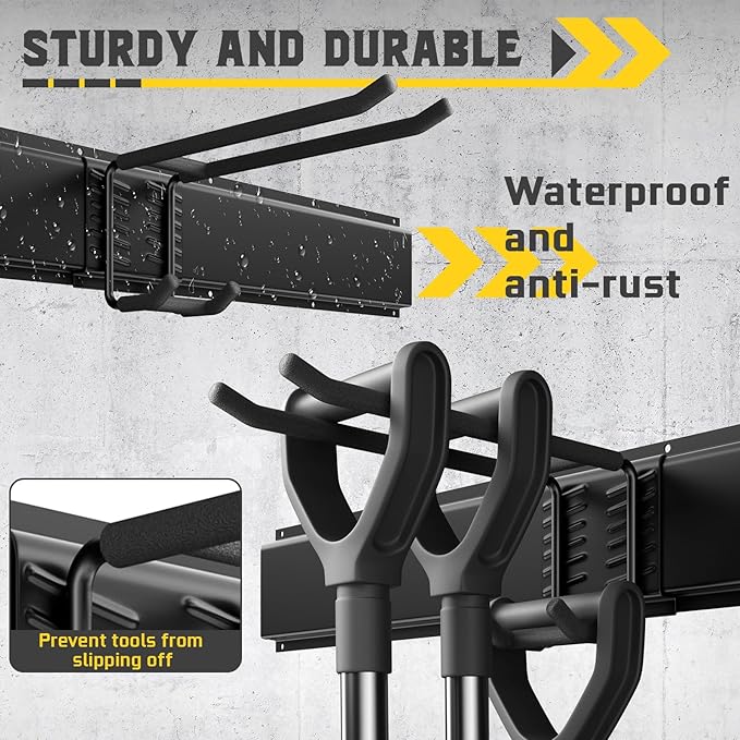 48" Garage Tool Organizer Wall Mount, Garden Tool Organizer, Garages Organizers with Adjustable Hooks, Tool Storage Rack Bearing 440lbs (3 Racks, 9 Hooks)