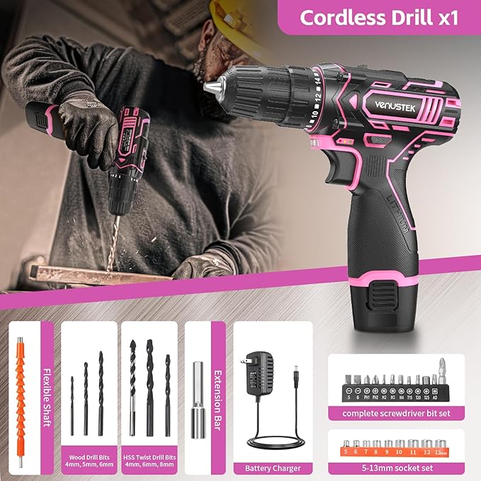 Cordless Drill Set, 12V Power Drill with 2.0Ah Battery and 2-Speed, 30Nm Torque, 25+1 Clutch Settings, 3/8" Keyless Chuck, Pink Electric Drills for Home DIY, Wood, Metal, Plastic Drilling