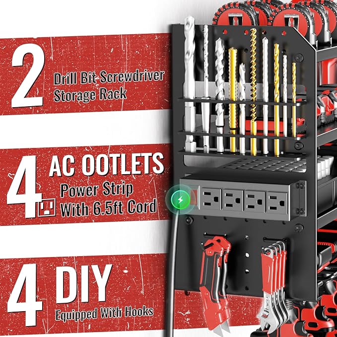 Large Power Tool Organizer Wall Mount with Charging Station, 4 Layer Heavy Duty Metal Cordless Tool Organizer, Tool Storage Rack with 8 Cordless Drill Holder Screwdriver Hammer(Black)
