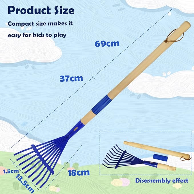 Kids Leaf Rake-Small Wooden Handle Leaf Rake with Metal Tines, 27inches /69cm Length, for Kids Enjoy Garden Cleaning Activities (Blue)