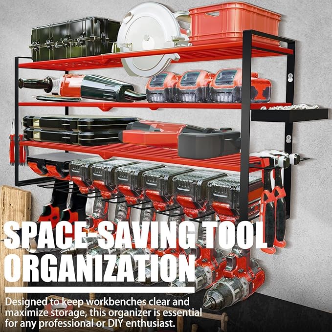Power Tool Organizer Wall Mount – Metal Cordless Drill Storage Rack with 8 Slots, 4-Tier Adjustable Shelf for Garage, Workshop & Shed Red