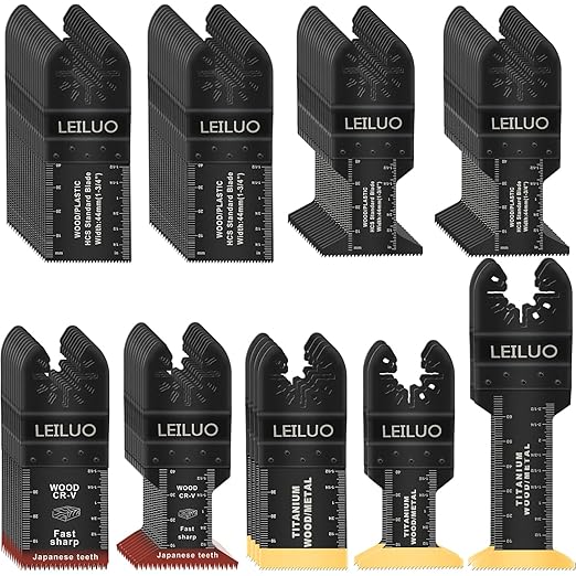 LEILUO 100 Pcs Multitool Blade Kits for Wood Nails Drywall Japanese Tooth Oscillating Saw Blades Titanium Oscillating Tool Accessories with Storage Bag Compatible with DeWalt Makita Dremel and More