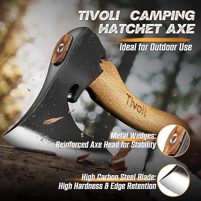 Tivoli Camping Hatchet Axe with Sheath – 16.5" High Carbon Steel Axe with Beech Wood Handle – Bushcraft Hatchet & Wood Splitting Axes for Gardening, Carving, Outdoor Adventures – Gift for Men