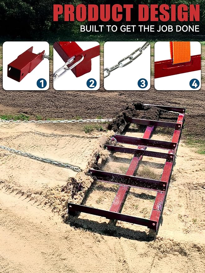 4ft Heavy Duty Drag Harrow for ATV, UTV, Tractor - Adjustable Tow Behind Leveling Rake with Weight Tray for Driveway Grader, Lawn, Field, Pasture, Food Plot Maintenance, Red(48 inch)