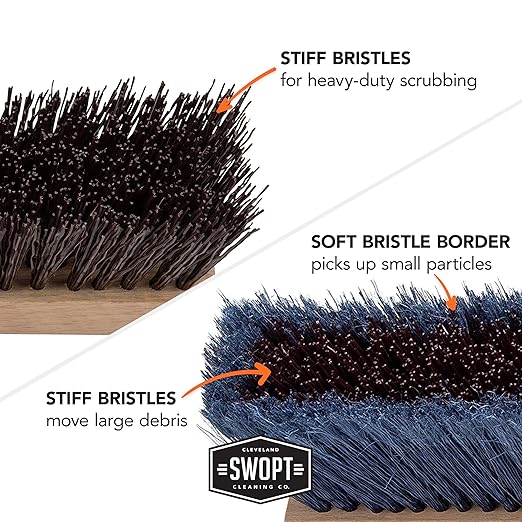 SWOPT 10" Rough Surface Deck Brush, 24" Multi-Surface Push Broom + 60" EVA Foam Comfort Grip Wooden Handle, Broom Kit Combo — 2 Cleaning Heads and Long Handle Interchangeable with SWOPT Cleaning Head