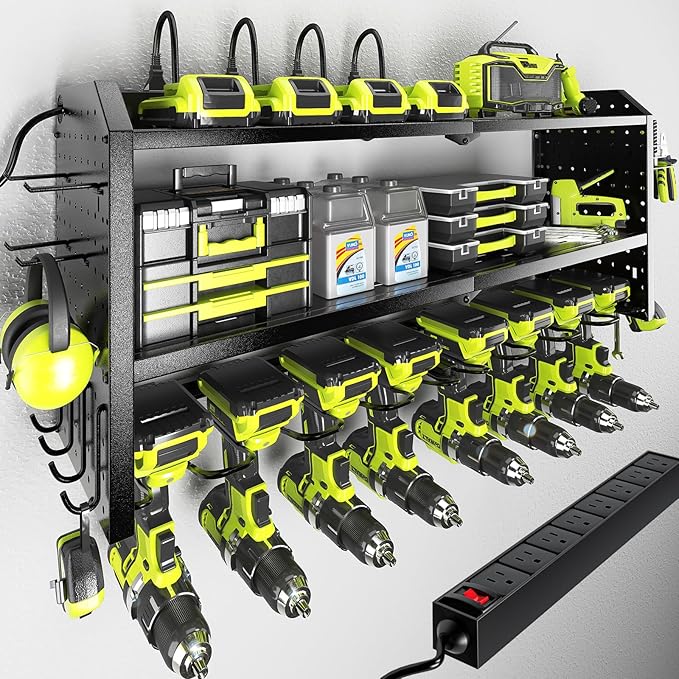 KAFAHOM Power Tool Organizer with Charging Station, Built in 8 Outlet Power Strip,Large 8 Drill Holder Wall Mount, Heavy Duty Metal Power Tool Storage Rack Tool Shelf for Garage Organization Black