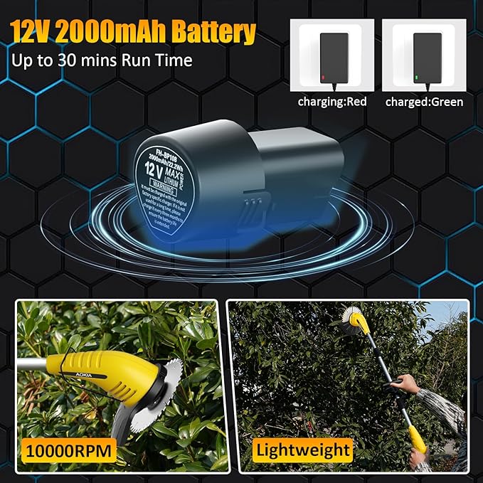 Aokia Cordless Weed Wacker:String Trimmer with 12V Battery Operated - Lightweight Lawn Trimmer, Electric Grass Trimmer Edger with 2 Blades and Extension Rod for Lawn Yard, Yellow