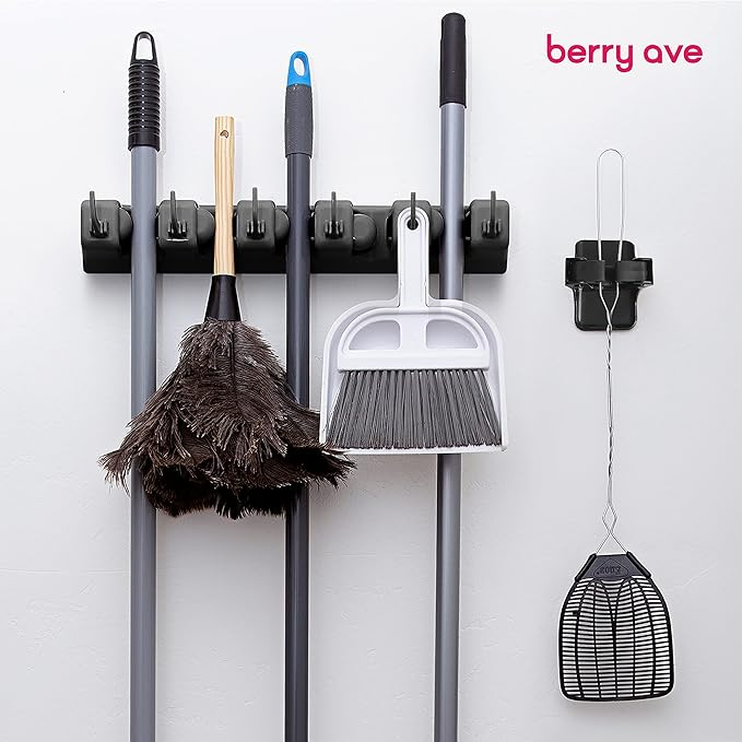 Combo 5 Slot Broom Holder w/ 1 Self Adhesive Mop Gripper No-Drilling, Wall Mount Tool Organizers For Kitchen, Garage, Laundry Room- Anti-Slip Hanger For Brooms, Mops, Rakes, Dustpans (Black/Black)