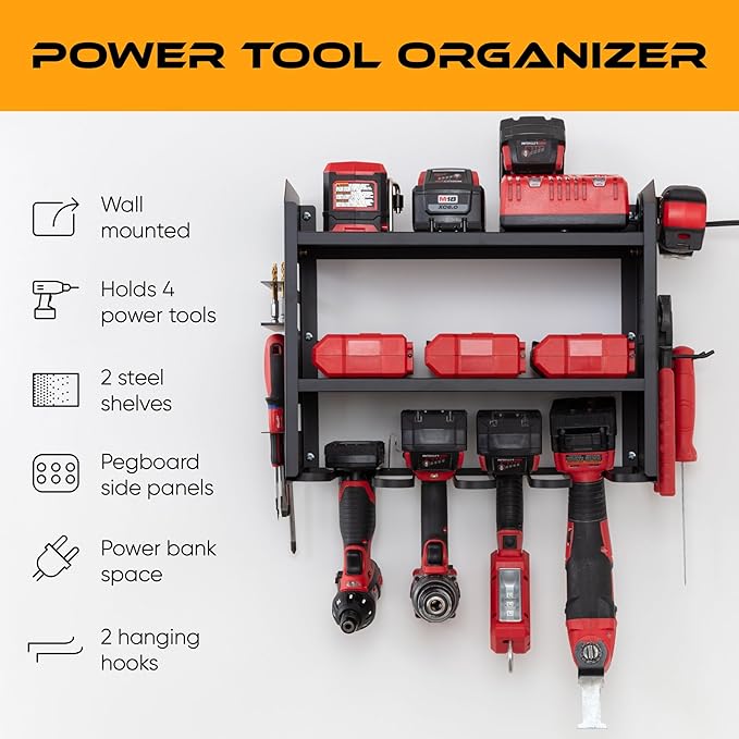 Power Tool Organizer - Wall Mount Storage for Garage Organizes 4 Cordless Drills & Tools - Heavy Duty Rack w Pegboard Sides Shelves & Hooks - Neatly Holds Screwdrivers & Drill Bits BLACK/BLACK