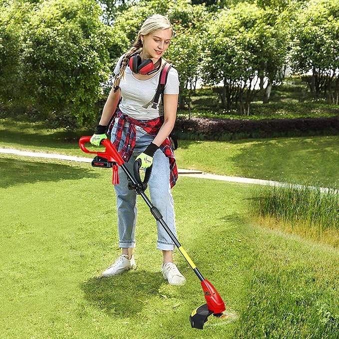 20V Cordless Weed Wacker with 9-Inch Blade, 2.0Ah Battery Powered Grass Trimmer and Lawn Edger, Light Weight Electric Brush Cutter with 12 PCS Replacement Blades for Yard and Garden