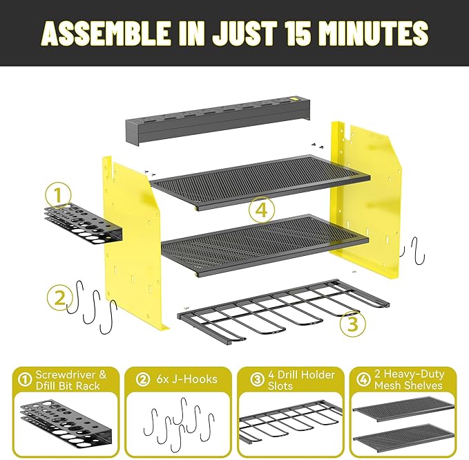 Heavy Duty Drill Holder & Power Tool Organizer Wall Mount, Metal Cordless Tool Organizer for Cordless Drill, Accessory Holder Rack (3L4D WITH CHARGING STATION (YELLOW), With Charging Station)