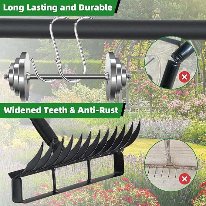 76.8" Hula Garden Hoe and 12 Tines Rake 2-in-1 Garden Tool for Weeding, Garden Cultivator with Adjustable Long Handle Heavy Duty Weed Puller Stirrup Hoe for Ditching, Seeding, Loosening Soil