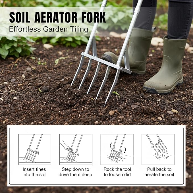 5-Tine Broad Fork Heavy Duty Garden Fork Built Tough for Lasting Durability Loosen and Aerate Clay Soil on Farms and in Home Gardens