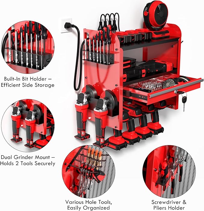 KSVO Power Tool Organizer Wall Mount with Drill Rack & Locking Drawers - Heavy Duty Metal Tool Shelf for Garage, Workshop, Shed, Basement Tool Organization - Gift for Men/Father (Red)