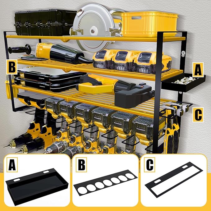 Power Tool Organizer Wall Mount – Metal Cordless Drill Storage Rack with 8 Slots, 4-Tier Adjustable Shelf for Garage, Workshop & Shed Yellow