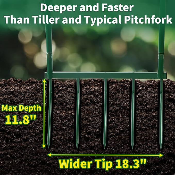 Broadfork Garden Tool with Steel Handle Heavy Duty Five Tines Broad Fork for Gardening Loosening and Aerating Soil, U-Shaped Design Hand Tiller, Compost Turner and Aerator