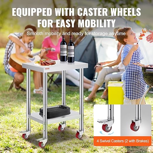 Mophorn 24x18x34 Inch Stainless Steel Work Table 3-Stage Adjustable Shelf with 4 Wheels Heavy Duty Commercial Food Prep Worktable with Brake for Kitchen Prep Work