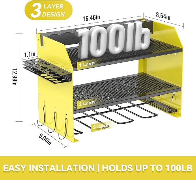 Heavy Duty Drill Holder & Power Tool Organizer Wall Mount, Metal Cordless Tool Organizer for Cordless Drill, Accessory Holder Rack (3L4D WITH CHARGING STATION (YELLOW), With Charging Station)
