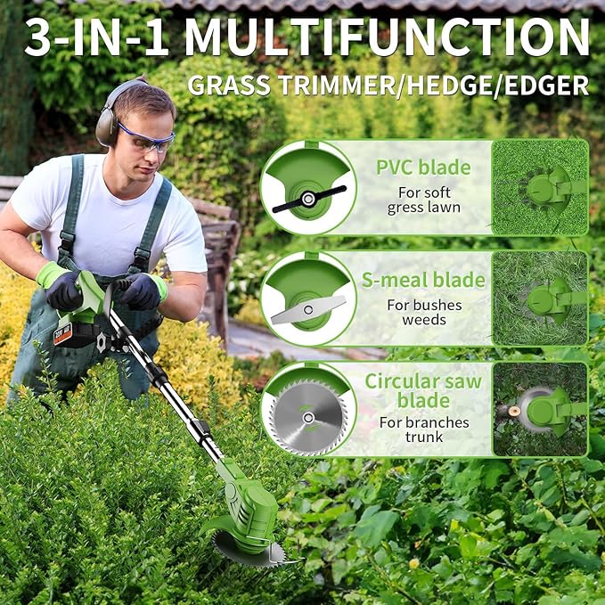 21V Electric Weed Wacker Eater Battery Powered, Cordless Weed Trimmer with 2 Battery Operated & Wheels, 3 in 1 Lightweight Grass Trimmer/Edger/Brush Cutter for Garden Yard Lawn