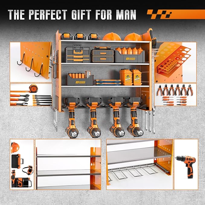 Power Tool Organizer Wall Mount, 4 Tier Tool Organizer For Space Saving,Used For Electric Drills, Saws And Toolbox Parts, Wall Hooks