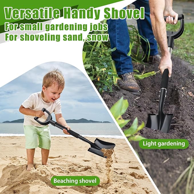 Garden Flat Shovel, 31 Inch Small Metal Square Shovel for Lawn Edging Digging Trenching Transplanting, Heavy Duty Compact Gardening Spade with D-Handle for Beach, Kids, Car, Light Garden Work