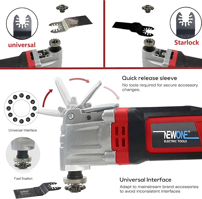 NEWONE Oscillating Tool 4 Amp Oscillating Multi-Tool Kit with 4° Oscillation Angle,6 Variable Speed with 5-piece Electric Multitool Blades (Red Black)