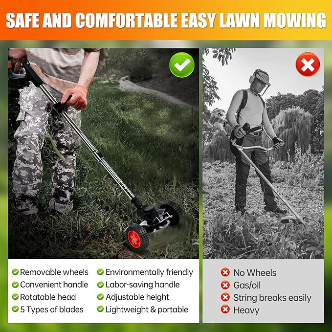 Electric Weed Wacker Cordless Eater Battery Powered, 21V Lightweight Stringless Grass Trimmer/Edger/Brush Cutter, 3 in 1 Weed Trimmer with 2 Battery Operated and Wheels for Yard and Garden