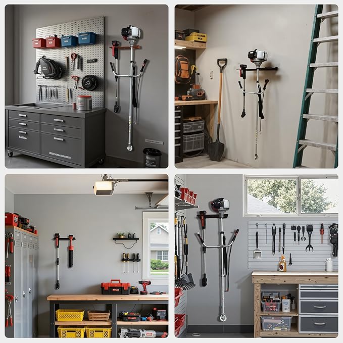 MUTUACTOR Heavy Duty Weed Eater Hanger,Large Opening Garage Organizer Weedeater Rack Wall Mount,Space-Saving Garden Grass Weed Trimmer Rack 2 Slots for Holding Heavy Tools in Shed,Yard or Garden