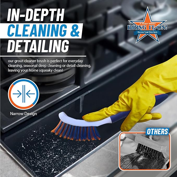 Bring It On Grout Cleaning Brush Crevice Cleaning Brush with Stiff Nylon Bristles 8-inch Heavy-Duty Tile Cleaner Brush Plus 10 Inch Floor Scrub Brush, Bathroom, Kitchen