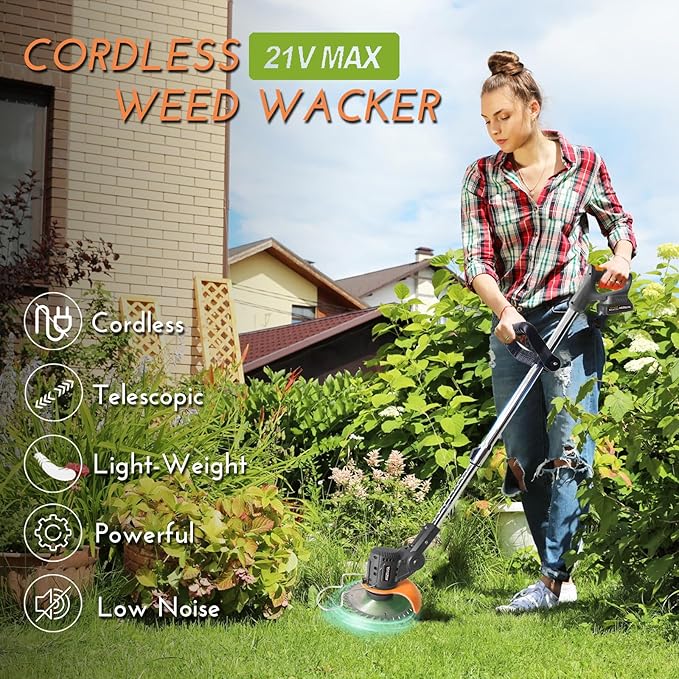Electric Weed Wacker Cordless: 21V Battery Powered Weed Eater with 2 * 2.0Ah Battery, Charger & 5 Types Blade Lightweight Grass Trimmer for Garden Yard Lawn Work