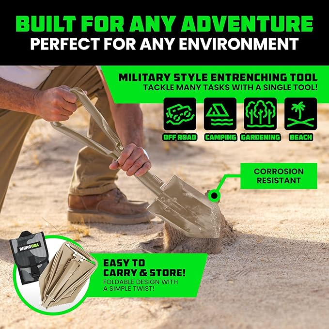 RHINO USA Folding Survival Shovel w/Pick - Heavy Duty Carbon Steel Military Style Entrenching Tool for Off Road, Camping, Gardening, Beach, Digging Dirt, Sand, Mud & Snow - Tan