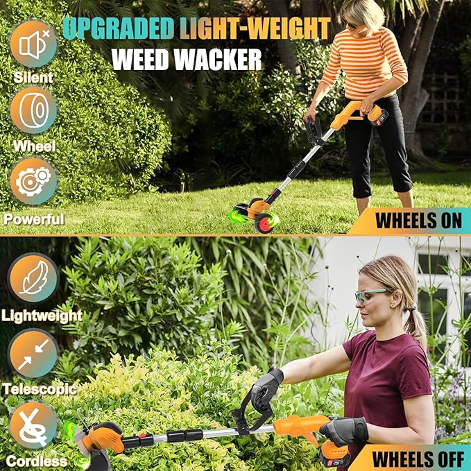Electric Weed Wacker Cordless Battery Powered, Weed Cordless Eater with 2X 21V/4.0Ah Battery Operated & Wheels 3 Types Blades, 3 in 1 Stringless Grass Trimmer/Edger/Brush Cutter for Garden Yard Lawn