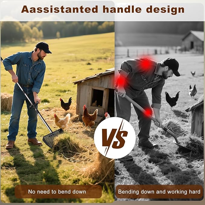 Metal Chicken Poop Scooper & Rake Scoop 10" Metal Chicken Coop Rake with Assistanted Handle Grip Heavy Duty Scoop Tool Adjustable Long Handle (36 to 62") for Coops Farm Animals