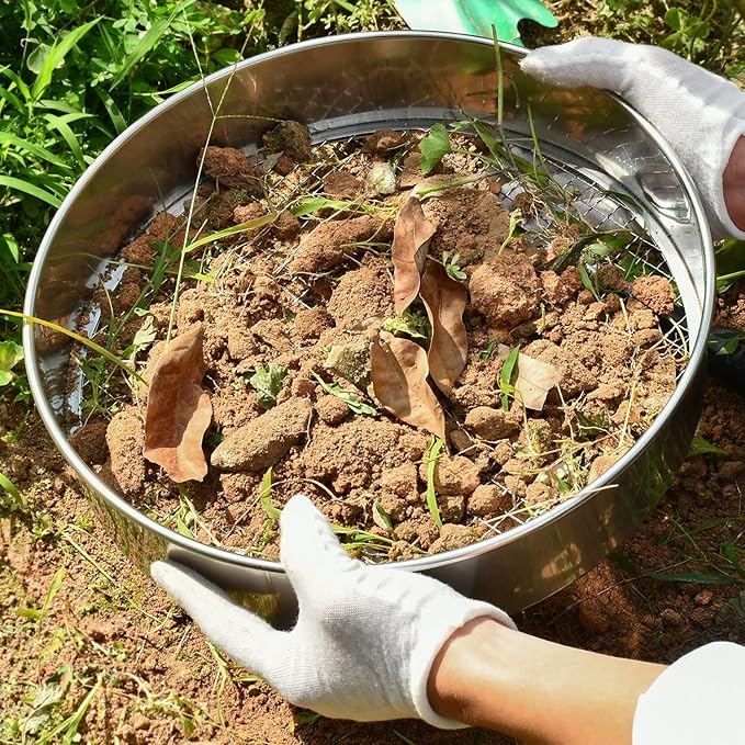 Soil Sieve Stainless Steel Riddle Sieve Set Garden Potting Sieve, 12" Diameter, with 5 Filter Mesh Sizes 3,6,9,10,12mm and Shovel