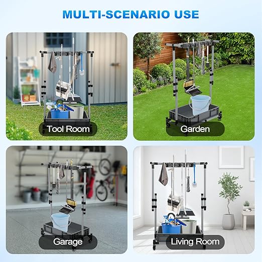 Broom and Mop Holder Freestanding Mobile Cleaning Tool Storage Rack,Floor Standing Cleaning Tool Cart Storage for Garden Garage Schools, Hospitals