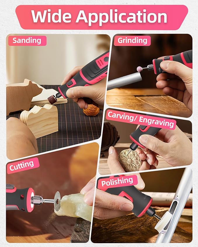 8V Cordless Rotary Tool Kit with 135pcs Accessories, 2.8Ah Battery Rechargeable Engraving Pen with LED Light, 5-Speed 30000RPM Power Rotary Tools for Drilling Grinding Sanding Polishing, Pink