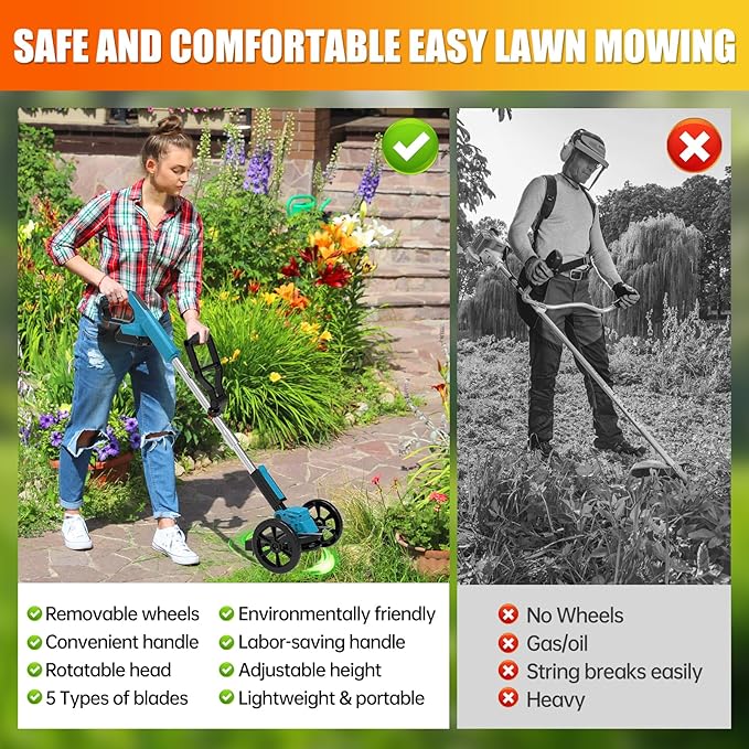 Cordless Weed Wacker Eater Electric Grass Trimmer Battery Powered with 2 Battery&25 Pcs Blade, 3 in 1 21V/2.0Ah Lightweight Portable String Trimmers/Edger Lawn Tool/Brush Cutter for Yard Garden