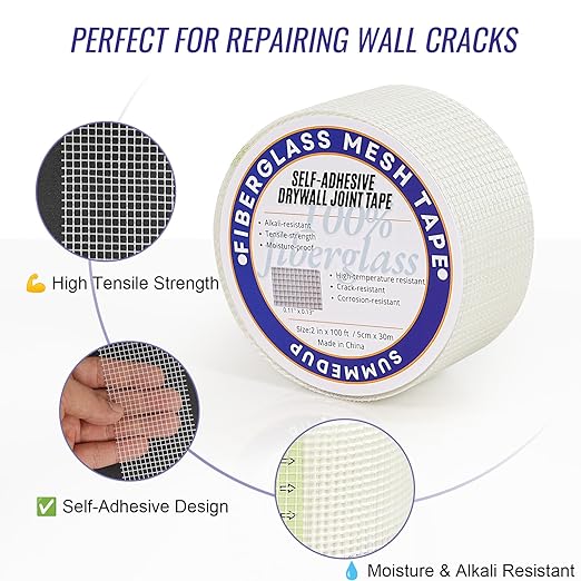 Drywall Repair Tape Sheetrock Self-Adhesive Joint Tape 2" x 100ft – Fiberglass Mesh Drywall Repair Roll for Wall Patch, Cracks & Drywall Patch (1 Roll)
