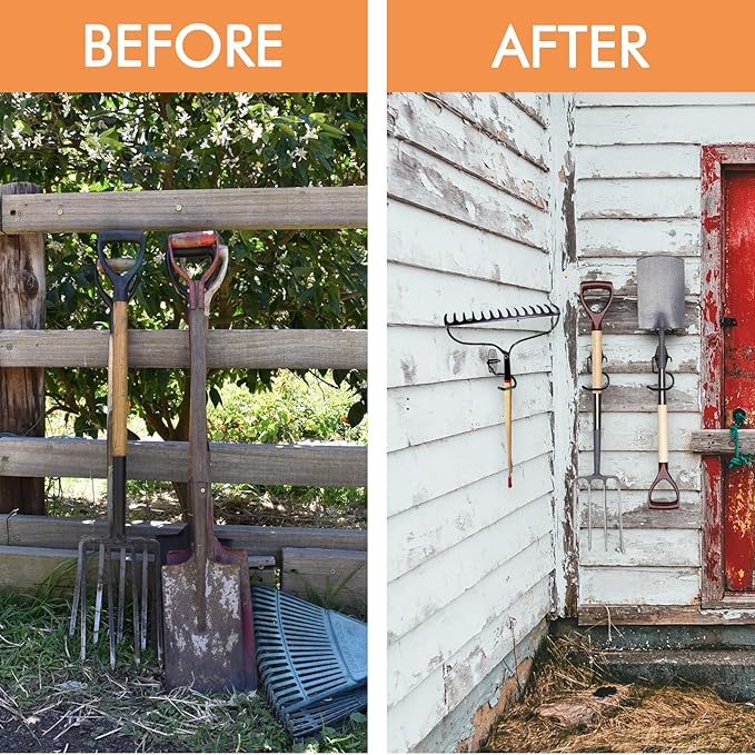 LIGHT DUST Broom Holder Wall Mount - 6 Pack Tool Hangers Garage Wall Hanging Organizer - Heavy Duty Metal Large S Hooks for Mop Shovel Rake Shed Garden Lawn Yard Handle Tools Organization (Black)