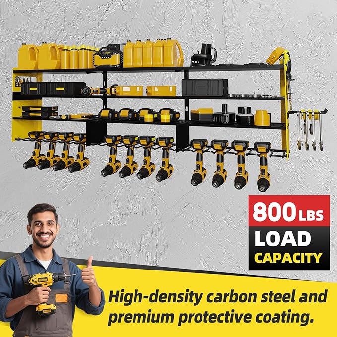 Power Tool Organizer Wall Mount with 12-Drill Holders-800Lbs Load Heavy Duty Metal 4-Layers Garage Storage and Organization with Side-Plates Adjustable Battery Tools Rack Utility Racks Gifts for Men