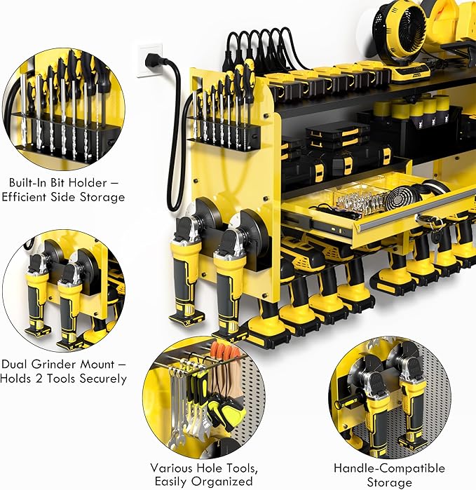 KSVO Power Tool Organizer Wall Mount with Drill Rack, Grinder Holder, Hammer & Pliers Rack, Locking Drawers, 6-Outlet Charging Shelf – Heavy Duty Metal Tool Storage for Garage, Workshop (Yellow)