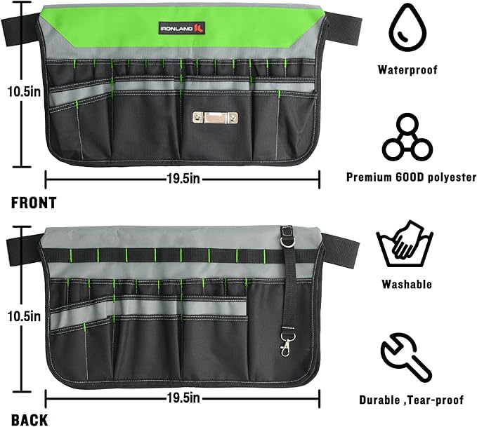 IRONLAND Bucket Tool Organizer Fit 3.5-5 Gallon Bucket, 51 Pockets, Bucket Tool Caddy Organization for Garden, Construction, Carpenter, Electrician, Builder Green & Black