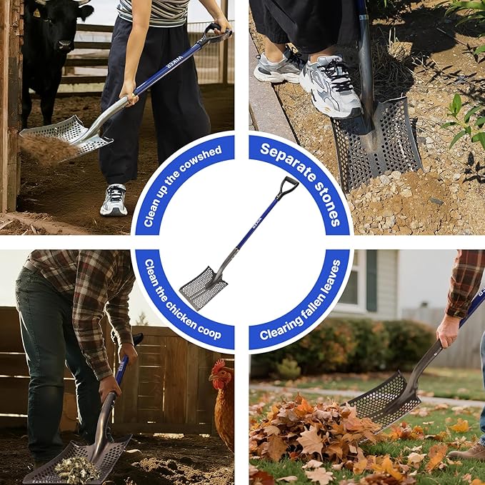 WIKER 45in Sand Sifting Shovel with Blue Fiberglass Handle - Heavy Duty Rock/Garden Sifter for Chicken Coop, Soil Screening, Gardening