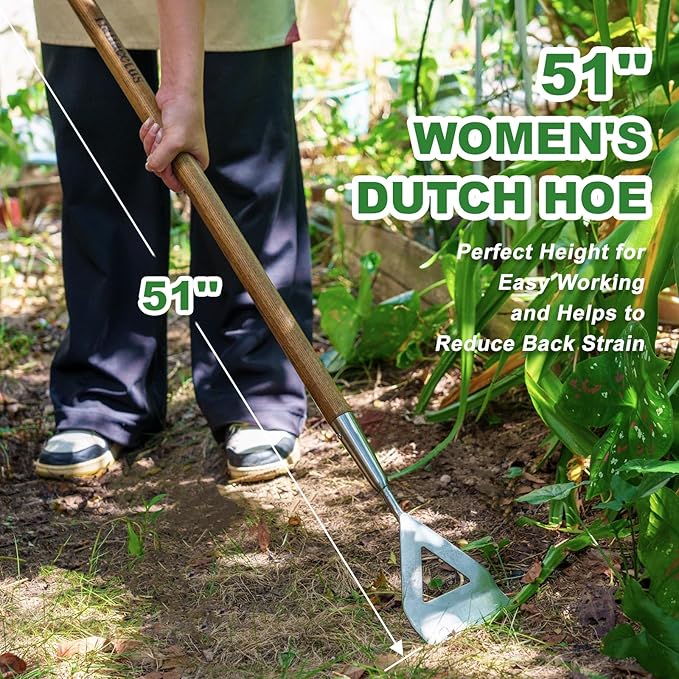 Haliaeetus Women's Dutch Hoe, 51'' Long Handle Dutch Hoe Weeder for Standing to Remove Weeds, Stainless Steel Push Pull Weeder for Weeding in Between Seedlings, Removal of Moss and Soil Loosening